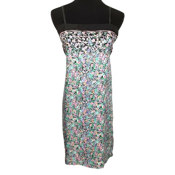 Vintage 80s Silk Slip Dress Ditsy Floral Shift Mini Dress Coquette Womens L - Picture 1 of 9